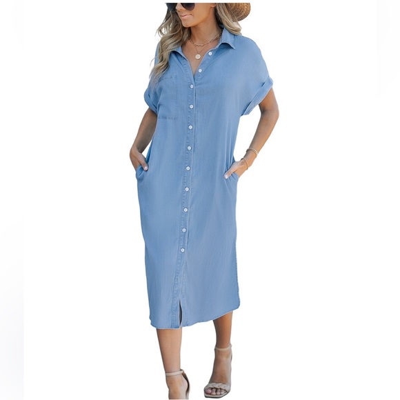 Women's Denim Short Sleeve Button Down Cover Up Dress - Picture 1 of 12